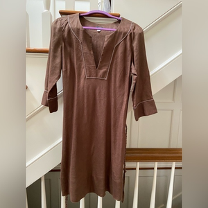 J crew vintage linen tunic dress, Mini, 3/4 sleeve, white top‎ stitch, sz L